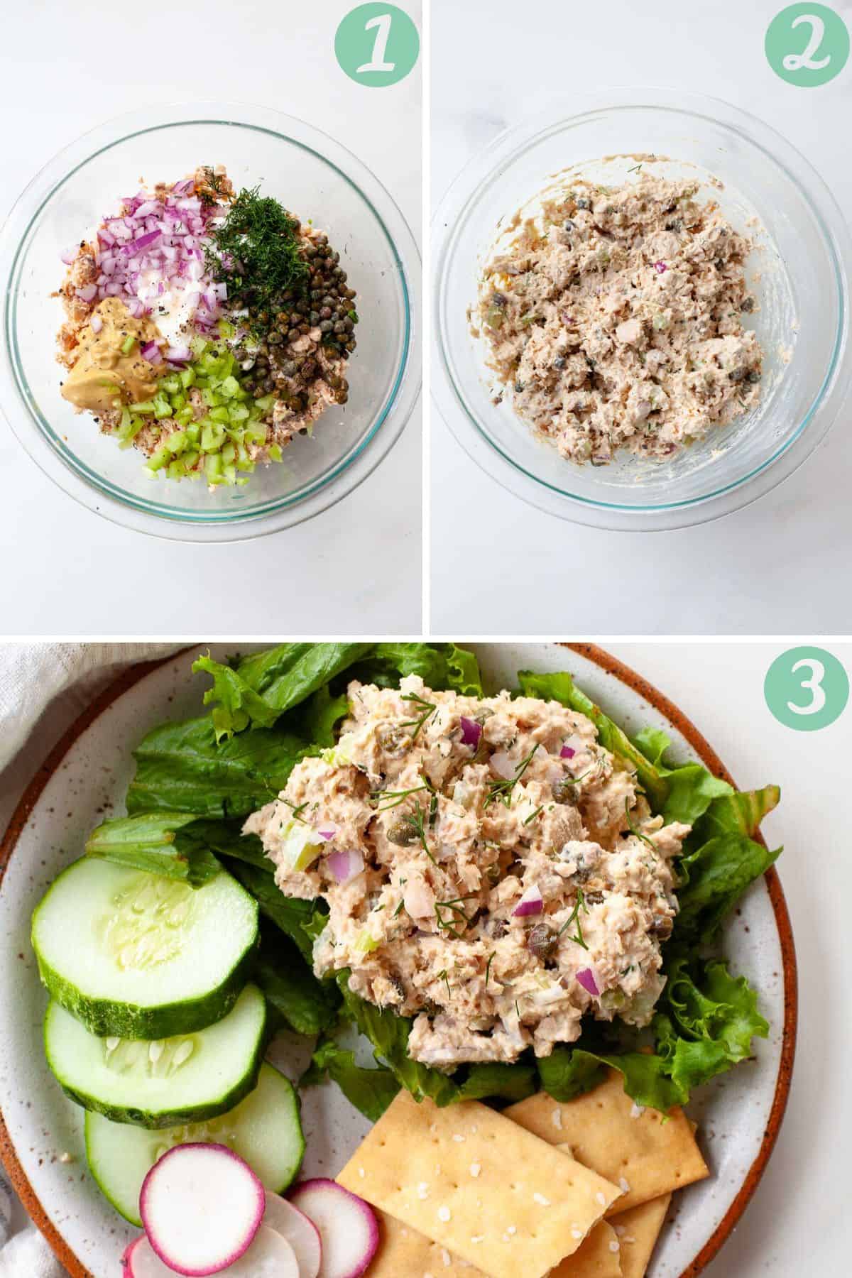 step by step graphic of how to make canned salmon salad